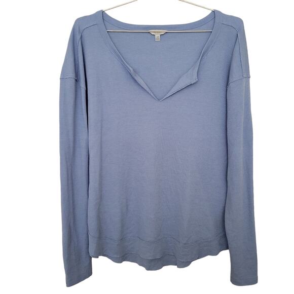 Lucky Brand Waffle Knit Top Size Large L Blue Oversize V Neck Slouchy Loungewear - Picture 1 of 7